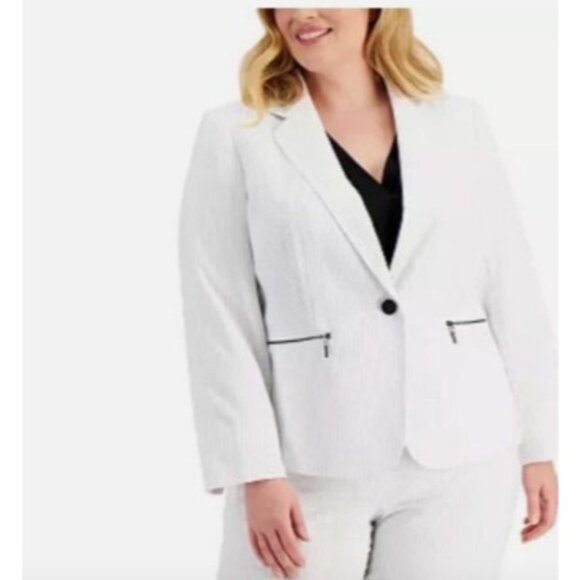 Le Suit Womens White Pinstripe Blazer Jacket size 20W plus Zipper Pockets - Picture 8 of 9